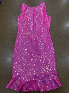 Unbranded Lined Hot Pink Sequin Sheath Dress Backless with Ruffle Hem Size S